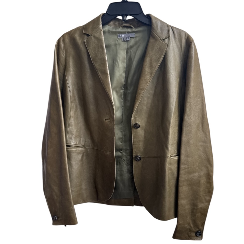 VINCE Saddle Olive Green Leather Jacket Size 6 - Picture 3 of 11